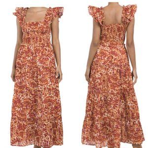 HOUSE OF HARLOW Zoey Smocked Ruffle Tiered Maxi Dress XS Orange Red